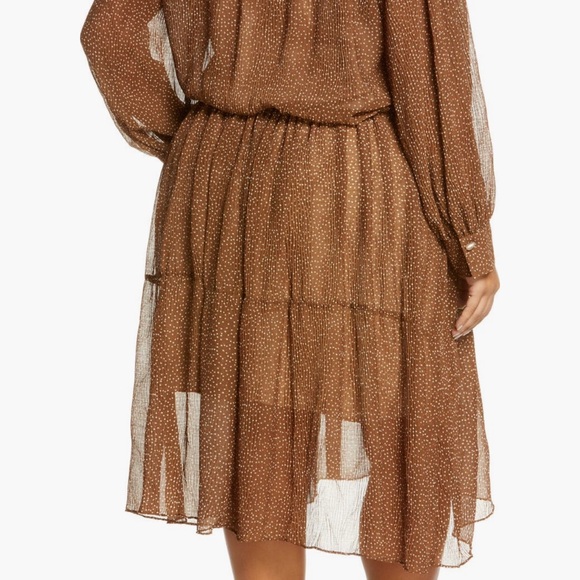 Vince Dot Shirred Semi Sheer Long Sleeve Elegant Brown Midi Dress, size 3X, NWTS - Picture 2 of 15